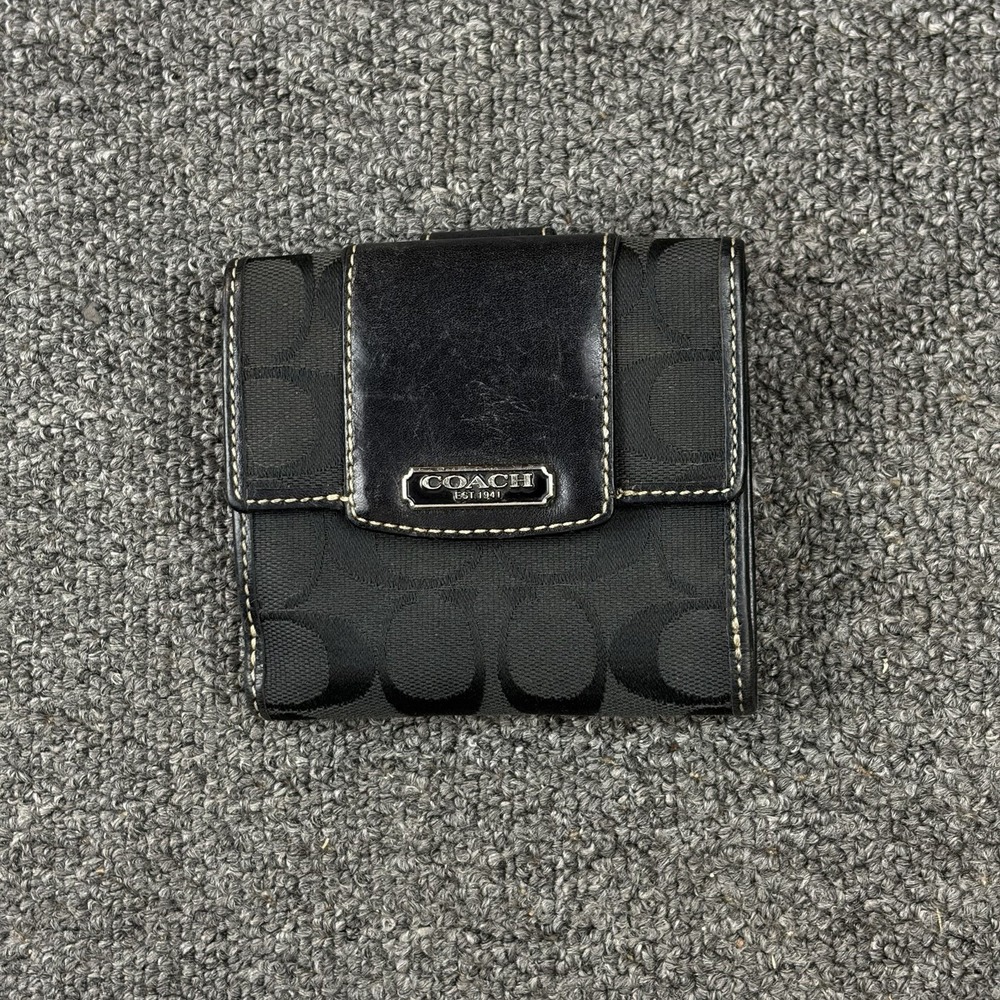 Coach Signature C Bifold Wallet Black Jacquard Pink Interior Coin Pouch Snap